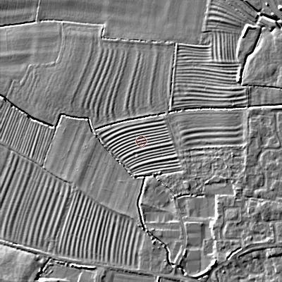 Shaded relief map of the ground around GL527AJ, computed from Environment Agency LiDAR. The ground here sits at about 40 m above sea level and falls 11 m across the surrounding 800 m. Surface water reaching this point runs off ground lying to the east, 4.4 m higher.