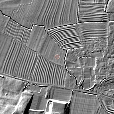 Shaded relief map of the ground around GL527AL, computed from Environment Agency LiDAR. The ground here sits at about 39 m above sea level and falls 20 m across the surrounding 800 m. Surface water reaching this point runs off ground lying to the south-south-east, 1.3 m higher.