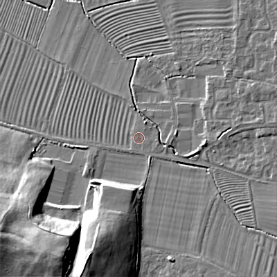 Shaded relief map of the ground around GL527DG, computed from Environment Agency LiDAR. The ground here sits at about 41 m above sea level and falls 23 m across the surrounding 800 m. Surface water reaching this point runs off ground lying to the north-north-east, 1.8 m higher.
