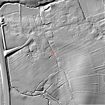 Shaded relief map of the ground around GL527SG, computed from Environment Agency LiDAR. The ground here sits at about 25 m above sea level and falls 12 m across the surrounding 800 m. Surface water reaching this point runs off ground lying to the south-east, 10.5 m higher.