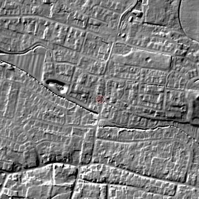 Shaded relief map of the ground around GL528EN, computed from Environment Agency LiDAR. The ground here sits at about 58 m above sea level and falls 19 m across the surrounding 800 m. Surface water reaching this point runs off ground lying to the east, 11.7 m higher.