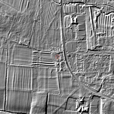 Shaded relief map of the ground around GL528ND, computed from Environment Agency LiDAR. The ground here sits at about 47 m above sea level and falls 14 m across the surrounding 800 m. Surface water reaching this point runs off ground lying to the north-east, 1.4 m higher.