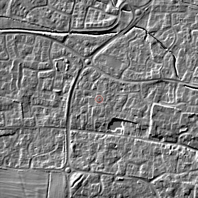 Shaded relief map of the ground around GL528RS, computed from Environment Agency LiDAR. The ground here sits at about 49 m above sea level and falls 13 m across the surrounding 800 m. Surface water reaching this point runs off ground lying to the south-east, 1.5 m higher.
