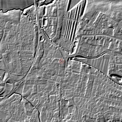 Shaded relief map of the ground around GL528SA, computed from Environment Agency LiDAR. The ground here sits at about 50 m above sea level and falls 17 m across the surrounding 800 m. Surface water reaching this point runs off ground lying to the south-south-east, 1.2 m higher.