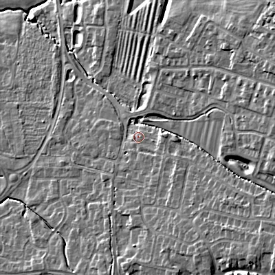 Shaded relief map of the ground around GL528SB, computed from Environment Agency LiDAR. The ground here sits at about 51 m above sea level and falls 18 m across the surrounding 800 m. Surface water reaching this point runs off ground lying to the south-south-east, 4.1 m higher.