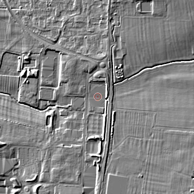 Shaded relief map of the ground around GL528SF, computed from Environment Agency LiDAR. The ground here sits at about 51 m above sea level and falls 15 m across the surrounding 800 m. Surface water reaching this point runs off ground lying to the north-east, 2.2 m higher.
