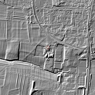 Shaded relief map of the ground around GL528TW, computed from Environment Agency LiDAR. The ground here sits at about 49 m above sea level and falls 15 m across the surrounding 800 m. Surface water reaching this point runs off ground lying to the south-east, 2.6 m higher.