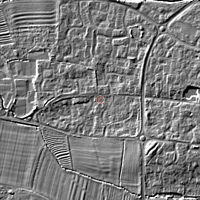 Shaded relief map of the ground around GL528XT, computed from Environment Agency LiDAR. The ground here sits at about 45 m above sea level and falls 12 m across the surrounding 800 m. Surface water reaching this point runs off ground lying to the east-north-east, 1.2 m higher.