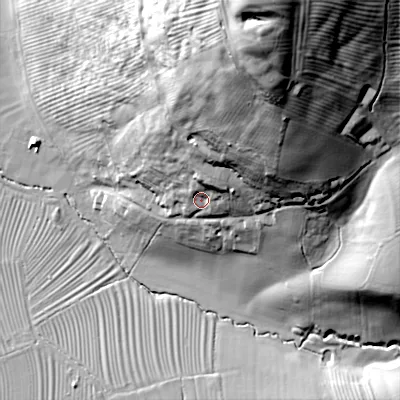 Shaded relief map of the ground around GL529RG, computed from Environment Agency LiDAR. The ground here sits at about 64 m above sea level and falls 83 m across the surrounding 800 m. Surface water reaching this point runs off ground lying to the north-north-east, 57.7 m higher.