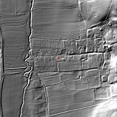 Shaded relief map of the ground around GL529SE, computed from Environment Agency LiDAR. The ground here sits at about 36 m above sea level and falls 53 m across the surrounding 800 m. Surface water reaching this point runs off ground lying to the east-north-east, 29.4 m higher.