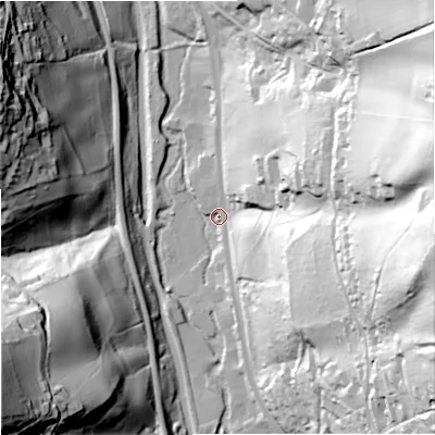 Shaded relief map of the ground around GL52AZ, computed from Environment Agency LiDAR. The ground here sits at about 49 m above sea level and falls 93 m across the surrounding 800 m. Surface water reaching this point runs off ground lying to the east, 91.3 m higher.