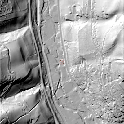 Shaded relief map of the ground around GL52BA, computed from Environment Agency LiDAR. The ground here sits at about 50 m above sea level and falls 99 m across the surrounding 800 m. Surface water reaching this point runs off ground lying to the east, 89.7 m higher.