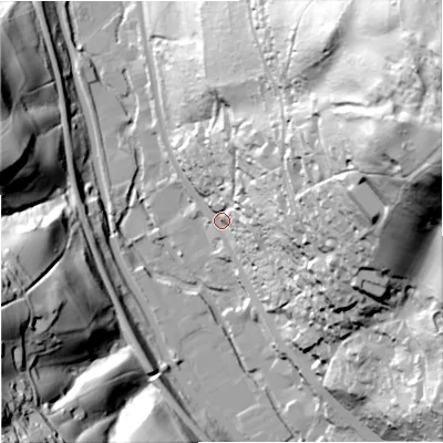Shaded relief map of the ground around GL52BD, computed from Environment Agency LiDAR. The ground here sits at about 56 m above sea level and falls 127 m across the surrounding 800 m. Surface water reaching this point runs off ground lying to the east-north-east, 112.3 m higher.