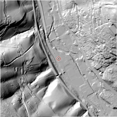 Shaded relief map of the ground around GL52BX, computed from Environment Agency LiDAR. The ground here sits at about 53 m above sea level and falls 127 m across the surrounding 800 m. Surface water reaching this point runs off ground lying to the south, 9.3 m higher.