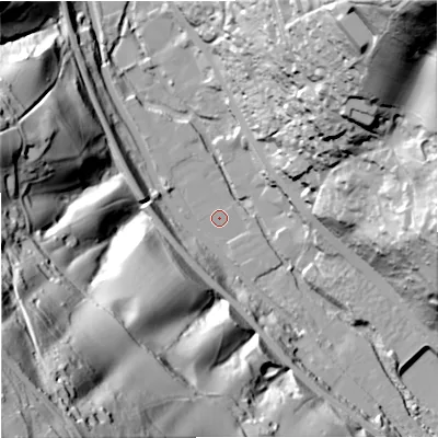 Shaded relief map of the ground around GL52BY, computed from Environment Agency LiDAR. The ground here sits at about 52 m above sea level and falls 123 m across the surrounding 800 m. Surface water reaching this point runs off ground lying to the south-west, 119.0 m higher.