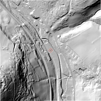 Shaded relief map of the ground around GL52JZ, computed from Environment Agency LiDAR. The ground here sits at about 47 m above sea level and falls 135 m across the surrounding 800 m. Surface water reaching this point runs off ground lying to the south-west, 12.2 m higher.