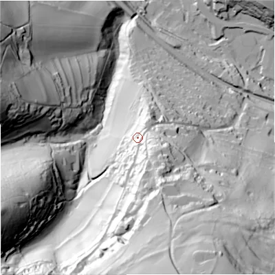 Shaded relief map of the ground around GL52QG, computed from Environment Agency LiDAR. The ground here sits at about 106 m above sea level and falls 125 m across the surrounding 800 m. Surface water reaching this point runs off ground lying to the south-south-east, 26.3 m higher.