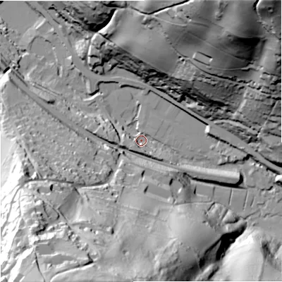 Shaded relief map of the ground around GL52QJ, computed from Environment Agency LiDAR. The ground here sits at about 59 m above sea level and falls 106 m across the surrounding 800 m. Surface water reaching this point runs off ground lying to the south-south-west, 102.2 m higher.