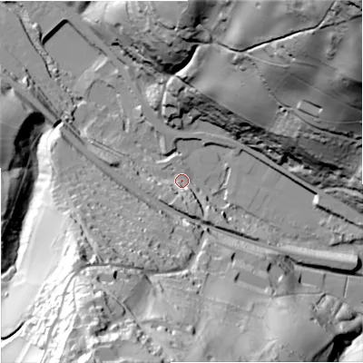 Shaded relief map of the ground around GL52QL, computed from Environment Agency LiDAR. The ground here sits at about 58 m above sea level and falls 113 m across the surrounding 800 m. Surface water reaching this point runs off ground lying to the north-east, 109.3 m higher.