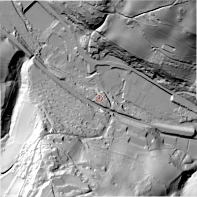 Shaded relief map of the ground around GL52QN, computed from Environment Agency LiDAR. The ground here sits at about 67 m above sea level and falls 103 m across the surrounding 800 m. Surface water reaching this point runs off ground lying to the south-east, 5.6 m higher.