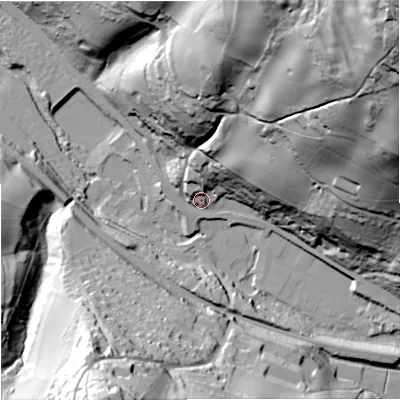 Shaded relief map of the ground around GL52SA, computed from Environment Agency LiDAR. The ground here sits at about 63 m above sea level and falls 130 m across the surrounding 800 m. Surface water reaching this point runs off ground lying to the north-east, 105.1 m higher.