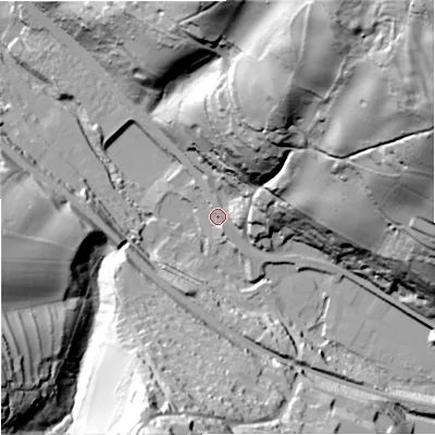 Shaded relief map of the ground around GL52SB, computed from Environment Agency LiDAR. The ground here sits at about 60 m above sea level and falls 119 m across the surrounding 800 m. Surface water reaching this point runs off ground lying to the north-north-east, 51.8 m higher.