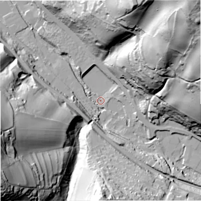 Shaded relief map of the ground around GL52SD, computed from Environment Agency LiDAR. The ground here sits at about 54 m above sea level and falls 111 m across the surrounding 800 m. Surface water reaching this point runs off ground lying to the north-east, 108.4 m higher.