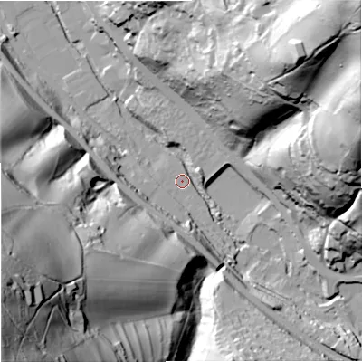 Shaded relief map of the ground around GL52SE, computed from Environment Agency LiDAR. The ground here sits at about 54 m above sea level and falls 109 m across the surrounding 800 m. Surface water reaching this point runs off ground lying to the north-east, 105.8 m higher.