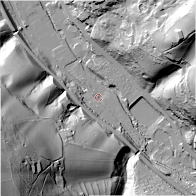 Shaded relief map of the ground around GL52SG, computed from Environment Agency LiDAR. The ground here sits at about 54 m above sea level and falls 112 m across the surrounding 800 m. Surface water reaching this point runs off ground lying to the south-south-east, 11.4 m higher.