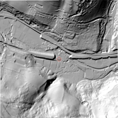 Shaded relief map of the ground around GL52TA, computed from Environment Agency LiDAR. The ground here sits at about 58 m above sea level and falls 112 m across the surrounding 800 m. Surface water reaching this point runs off ground lying to the south-west, 111.2 m higher.