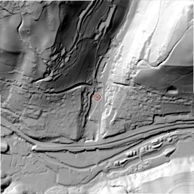 Shaded relief map of the ground around GL52TB, computed from Environment Agency LiDAR. The ground here sits at about 66 m above sea level and falls 114 m across the surrounding 800 m. Surface water reaching this point runs off ground lying to the north-west, 81.9 m higher.