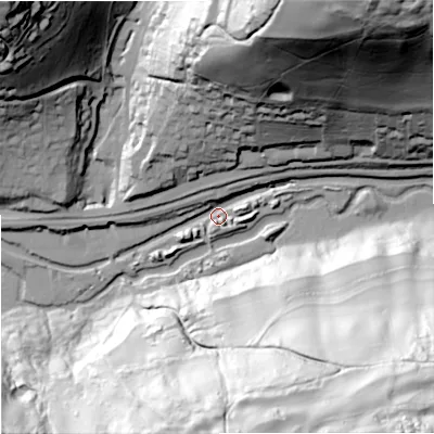 Shaded relief map of the ground around GL52TD, computed from Environment Agency LiDAR. The ground here sits at about 62 m above sea level and falls 118 m across the surrounding 800 m. Surface water reaching this point runs off ground lying to the north-east, 105.0 m higher.