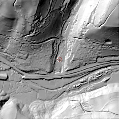 Shaded relief map of the ground around GL52TE, computed from Environment Agency LiDAR. The ground here sits at about 66 m above sea level and falls 107 m across the surrounding 800 m. Surface water reaching this point runs off ground lying to the west-north-west, 29.5 m higher.