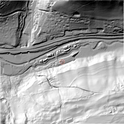 Shaded relief map of the ground around GL52TH, computed from Environment Agency LiDAR. The ground here sits at about 64 m above sea level and falls 131 m across the surrounding 800 m. Surface water reaching this point runs off ground lying to the south-east, 124.2 m higher.