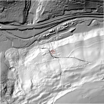 Shaded relief map of the ground around GL52TJ, computed from Environment Agency LiDAR. The ground here sits at about 91 m above sea level and falls 137 m across the surrounding 800 m. Surface water reaching this point runs off ground lying to the south-east, 109.6 m higher.