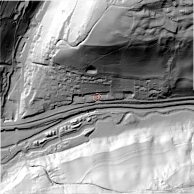 Shaded relief map of the ground around GL52TN, computed from Environment Agency LiDAR. The ground here sits at about 73 m above sea level and falls 125 m across the surrounding 800 m. Surface water reaching this point runs off ground lying to the north-north-east, 98.4 m higher.