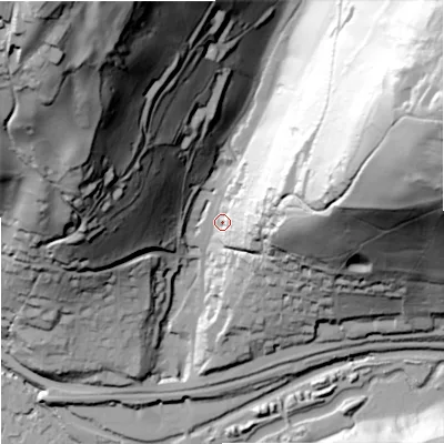 Shaded relief map of the ground around GL52UF, computed from Environment Agency LiDAR. The ground here sits at about 73 m above sea level and falls 127 m across the surrounding 800 m. Surface water reaching this point runs off ground lying to the east-north-east, 35.5 m higher.