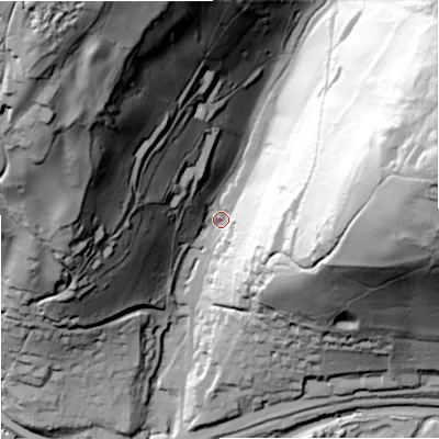 Shaded relief map of the ground around GL52UG, computed from Environment Agency LiDAR. The ground here sits at about 72 m above sea level and falls 136 m across the surrounding 800 m. Surface water reaching this point runs off ground lying to the north-west, 124.5 m higher.