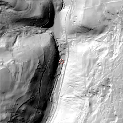 Shaded relief map of the ground around GL52UH, computed from Environment Agency LiDAR. The ground here sits at about 84 m above sea level and falls 114 m across the surrounding 800 m. Surface water reaching this point runs off ground lying to the east, 105.6 m higher.