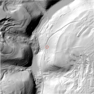 Shaded relief map of the ground around GL52UL, computed from Environment Agency LiDAR. The ground here sits at about 120 m above sea level and falls 113 m across the surrounding 800 m. Surface water reaching this point runs off ground lying to the east, 77.9 m higher.