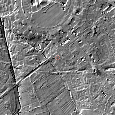 Shaded relief map of the ground around GL530JH, computed from Environment Agency LiDAR. The ground here sits at about 69 m above sea level and falls 21 m across the surrounding 800 m. Surface water reaching this point runs off ground lying to the east-south-east, 6.6 m higher.