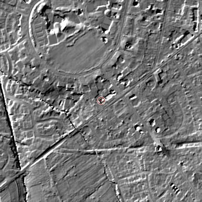 Shaded relief map of the ground around GL530JQ, computed from Environment Agency LiDAR. The ground here sits at about 69 m above sea level and falls 20 m across the surrounding 800 m. Surface water reaching this point runs off ground lying to the east-north-east, 2.7 m higher.