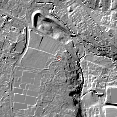Shaded relief map of the ground around GL537EX, computed from Environment Agency LiDAR. The ground here sits at about 75 m above sea level and falls 21 m across the surrounding 800 m. Surface water reaching this point runs off ground lying to the south-south-west, 4.4 m higher.
