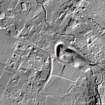 Shaded relief map of the ground around GL537FF, computed from Environment Agency LiDAR. The ground here sits at about 67 m above sea level and falls 19 m across the surrounding 800 m. Surface water reaching this point runs off ground lying to the south, 11.8 m higher.