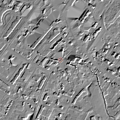 Shaded relief map of the ground around GL537HG, computed from Environment Agency LiDAR. The ground here sits at about 59 m above sea level and falls 13 m across the surrounding 800 m. Surface water reaching this point runs off ground lying to the east, 10.7 m higher.