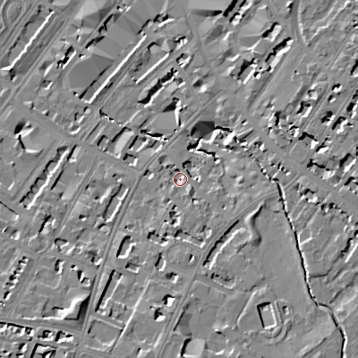 Shaded relief map of the ground around GL537HL, computed from Environment Agency LiDAR. The ground here sits at about 58 m above sea level and falls 16 m across the surrounding 800 m. Surface water reaching this point runs off ground lying to the east-north-east, 8.9 m higher.