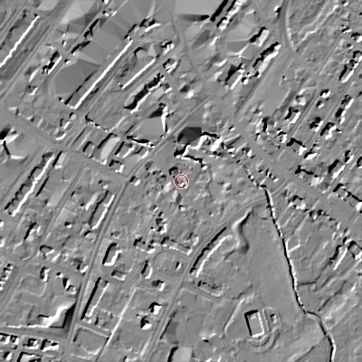 Shaded relief map of the ground around GL537HN, computed from Environment Agency LiDAR. The ground here sits at about 58 m above sea level and falls 15 m across the surrounding 800 m. Surface water reaching this point runs off ground lying to the east-north-east, 8.5 m higher.