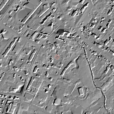 Shaded relief map of the ground around GL537HP, computed from Environment Agency LiDAR. The ground here sits at about 61 m above sea level and falls 15 m across the surrounding 800 m. Surface water reaching this point runs off ground lying to the south, 2.6 m higher.