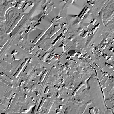 Shaded relief map of the ground around GL537HQ, computed from Environment Agency LiDAR. The ground here sits at about 58 m above sea level and falls 14 m across the surrounding 800 m. Surface water reaching this point runs off ground lying to the east, 10.4 m higher.