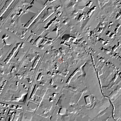 Shaded relief map of the ground around GL537HR, computed from Environment Agency LiDAR. The ground here sits at about 60 m above sea level and falls 16 m across the surrounding 800 m. Surface water reaching this point runs off ground lying to the south, 8.4 m higher.
